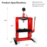 12-Ton Adjustable Benchtop Hydraulic Shop Press for Garage w/Stamping Plates & Pressure Manual Hand Pump