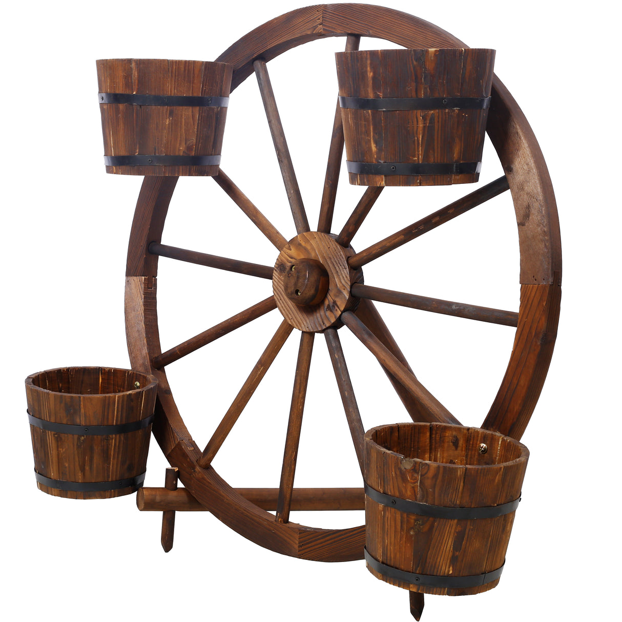 Wood Wagon Wheel Barrel Planter Display--Brown