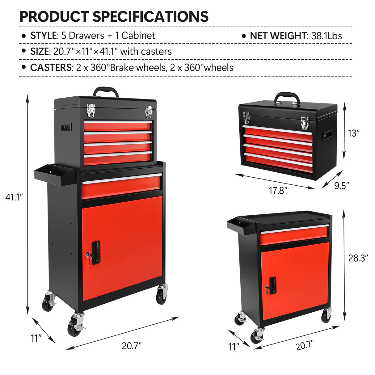 Tool Chest 5-Drawer Rolling Storage Cabinet with Detachable Top Box Liner Universal Lockable Wheels Locking Mechanism Metal Cart for Garage Workshop