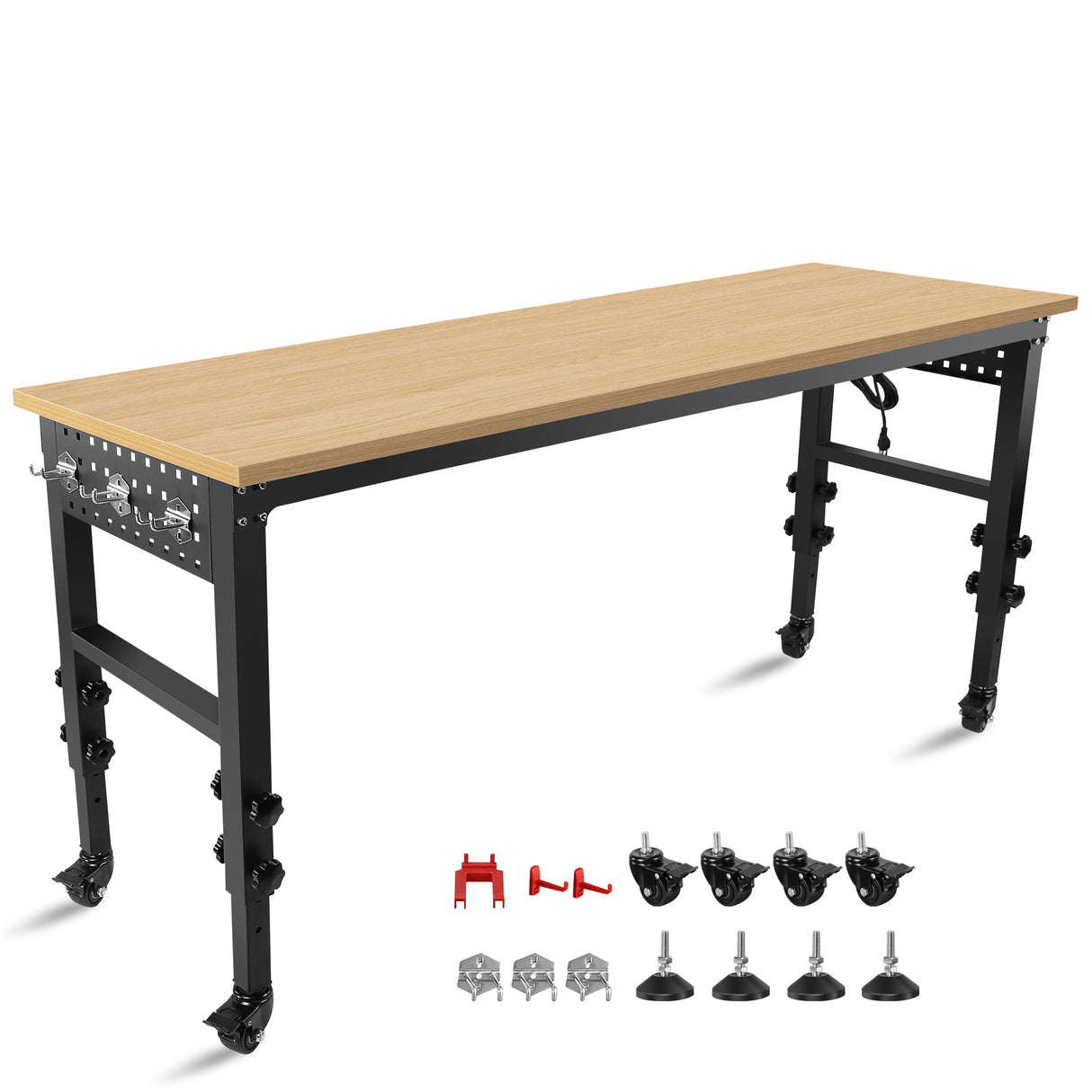 72" x 24'' verstelbare werkbank, rollende, robuuste werktafel met stopcontact en wielen, groot draagvermogen, rubberen houten blad, voor garage, kantoor, werkplaats, thuis, eenvoudige montage