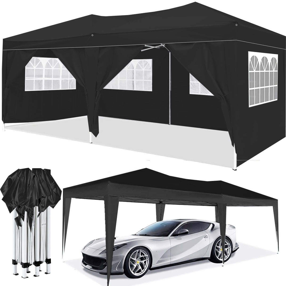 Carpa plegable para fiestas portátil al aire libre con dosel EZ Pop Up de 10'x20' con 6 paredes laterales extraíbles + bolsa de transporte + 4 bolsas de peso, color negro