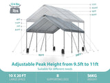 Sannwsg 10 * 20 Heavy Duty Carport Canopy Extra Large Portable Car Tent Garage na may Adjustable Peak Taas mula 9.5ft hanggang 11ft Naaalis na Roof at Side Walls para sa Car SUV Boat--Gray