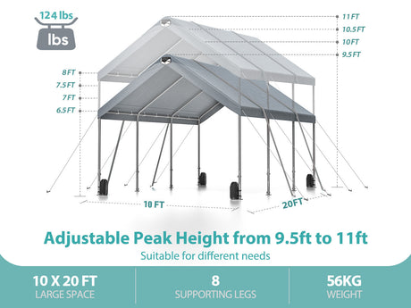 Sannwsg 10 * 20 Heavy Duty Carport Canopy Extra Large Portable Car Tent Garage na may Adjustable Peak Taas mula 9.5ft hanggang 11ft Naaalis na Roof at Side Walls para sa Car SUV Boat--Gray