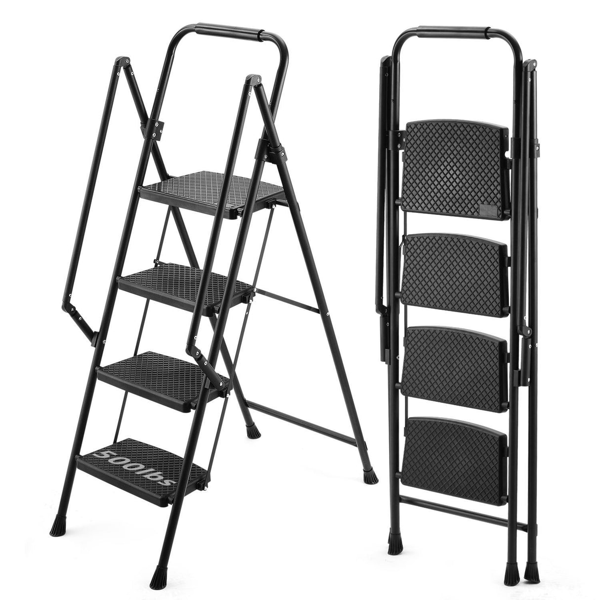 Four Step Ladder Lightweight Folding Stool Wide Anti Slip Pedal and Safety Handle Sturdy Steel Multi-Purpose Suitable for Home Kitchen and Office Elevators