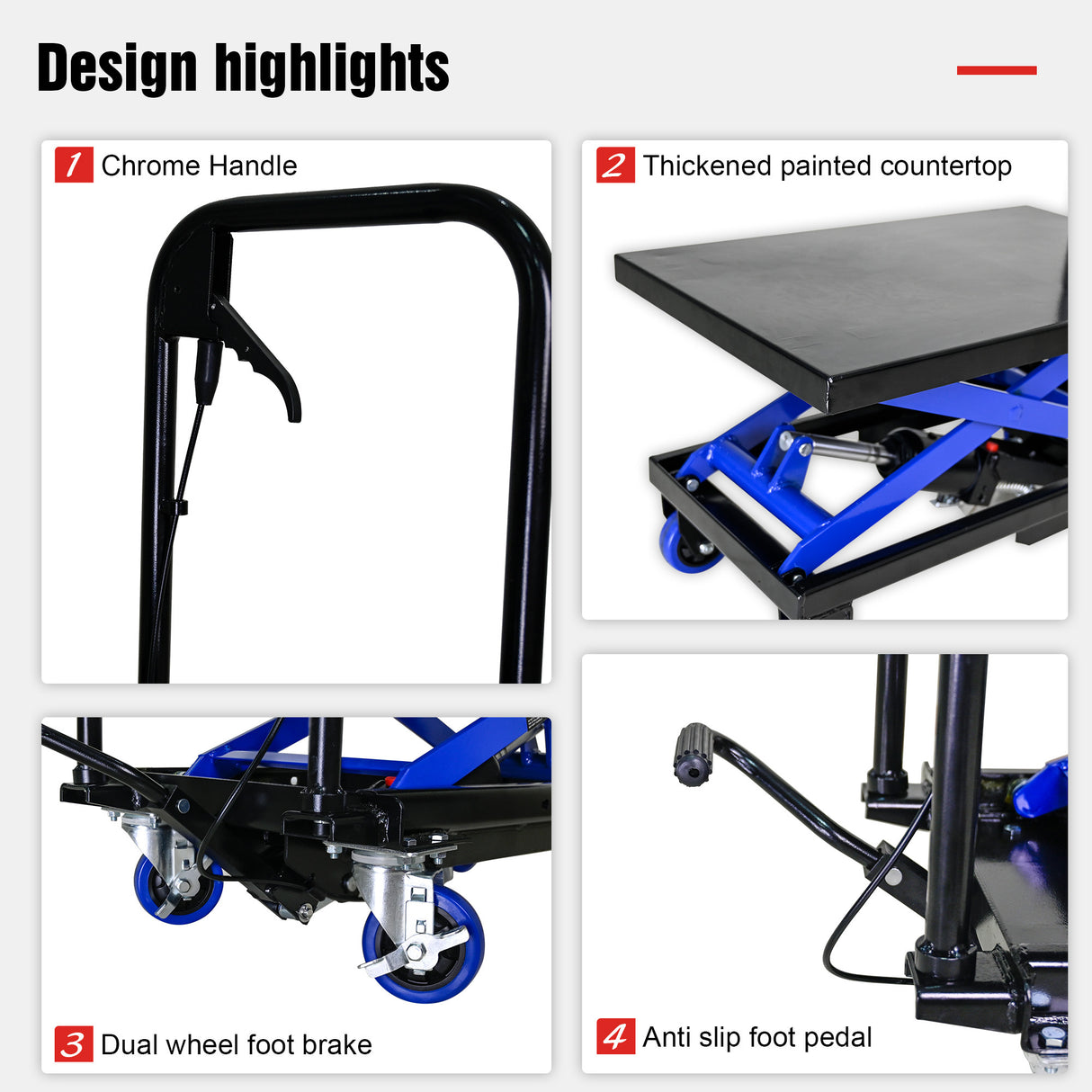 Hydraulic Lift Trolley 500 LBS Capacity with 4 Wheels for Material Handling and Transportation--Black+Blue