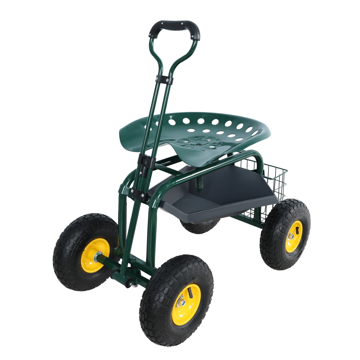 Chariot de jardin, chaise de travail roulante avec tabouret à roulettes pour plantation, siège pivotant à 360 degrés, station-wagon, scooter avec poignée de direction et plateau utilitaire pour cour et extérieur, vert