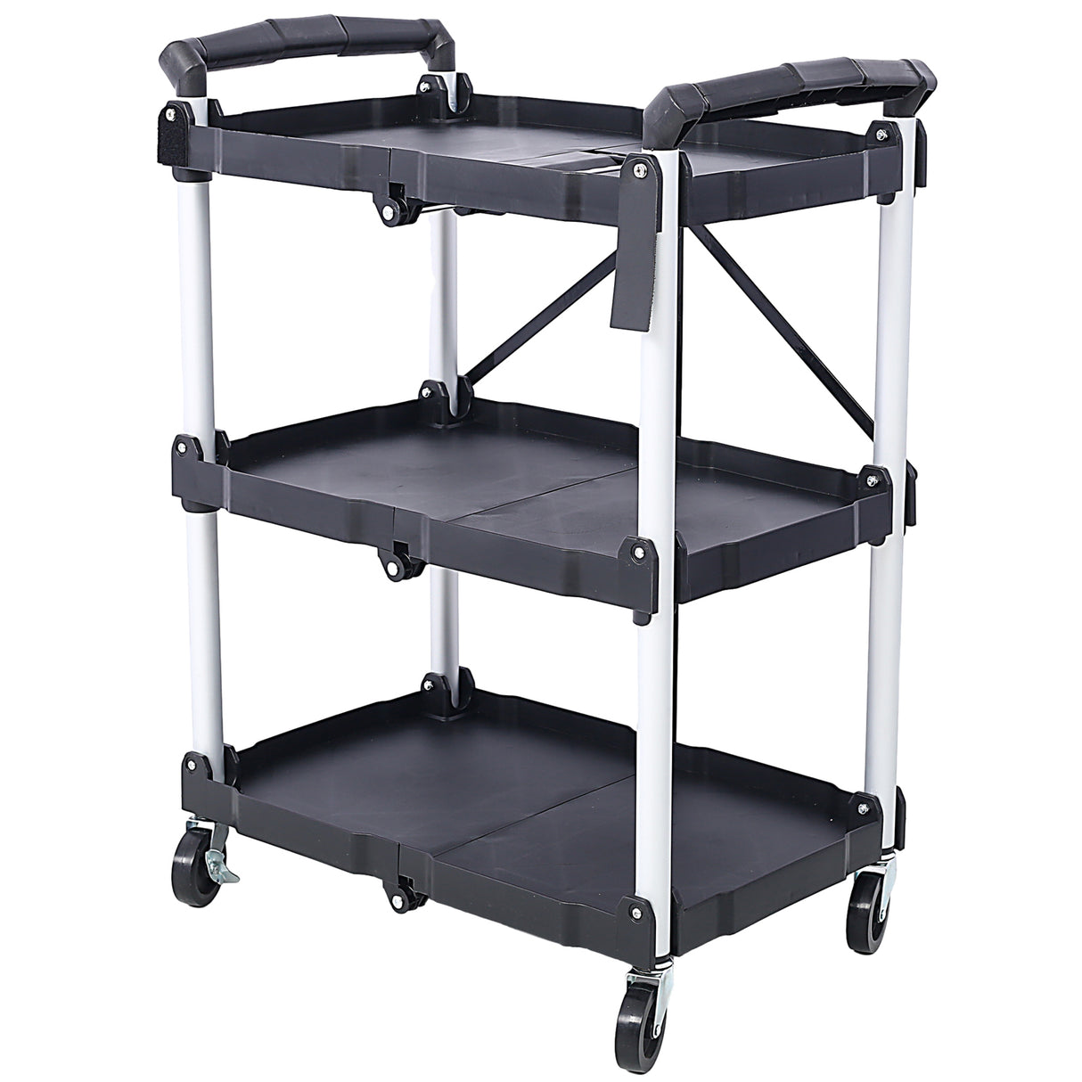 3 Layers Folding Collapsible Service Cart Pack-N-Roll Black 50 Lb. Load Capacity Per Shelf