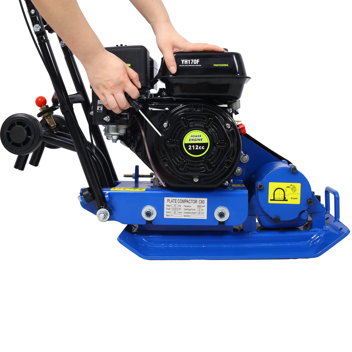 Compacteur à plaque de 20 x 14 pouces avec roue intégrée, 212 cc, 6,5 HP, 5 600 VPM, force de compactage par vibration du gaz, conforme à l'EPA