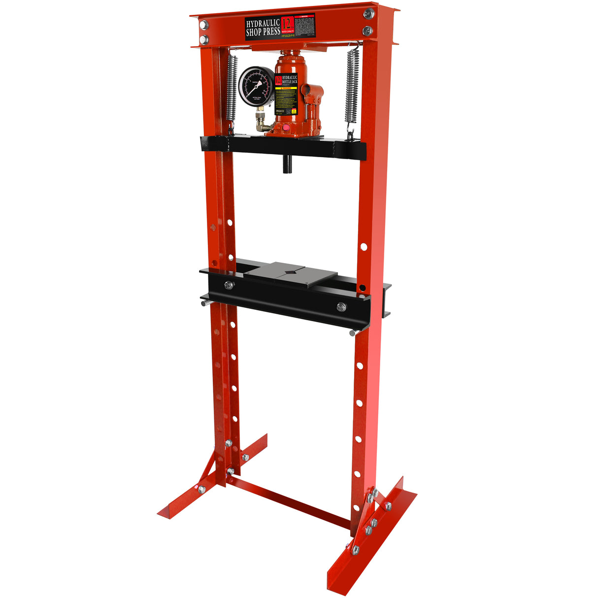 Steel H-Frame Hydraulic Garage/Shop Floor Press with Stamping Plates Pressure Gauge 12 Ton (24,000 lb) Capacity Red