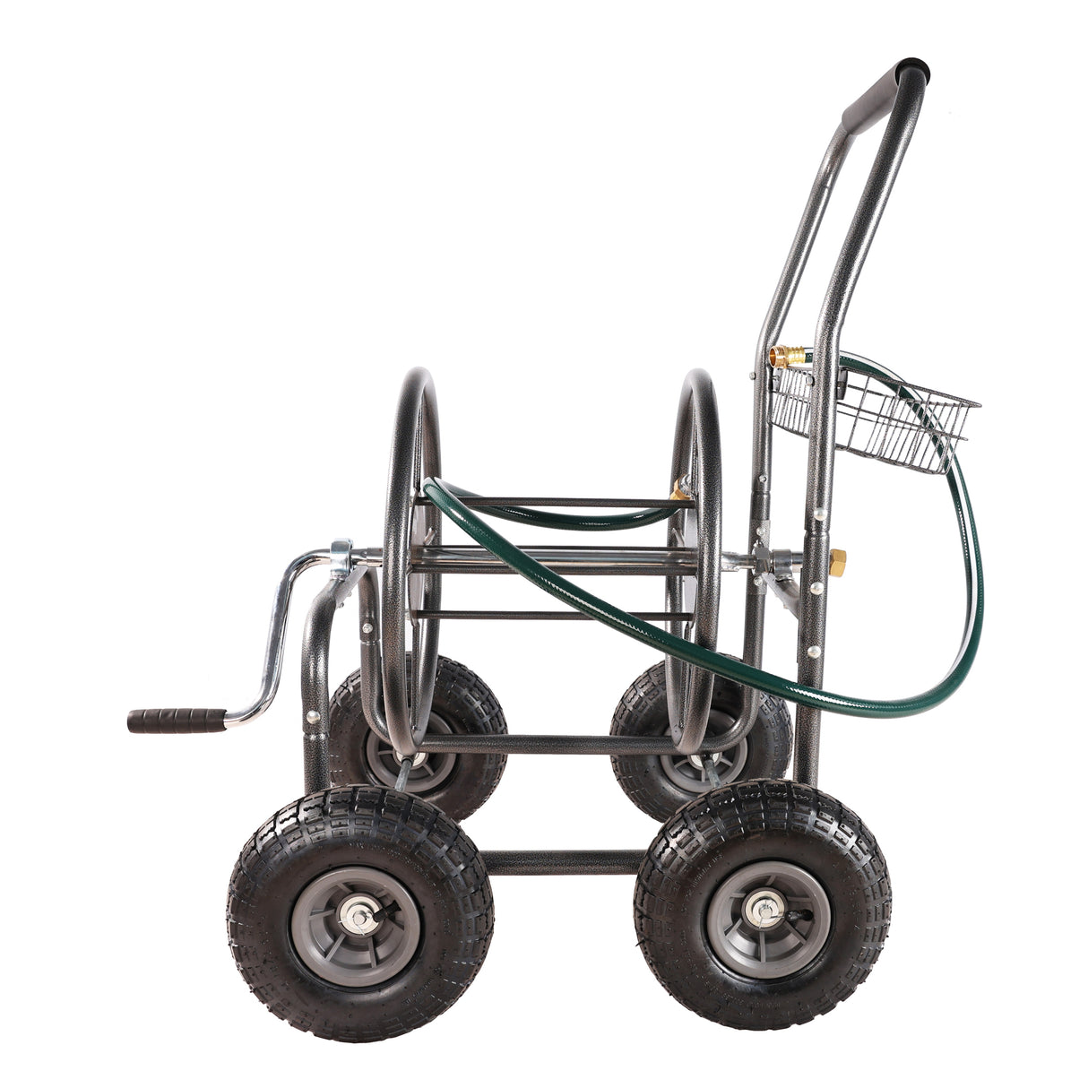 4 Wheels Portable Garden Hose Reel Cart with Storage Basket Rust Resistant Heavy Duty Water Hose Holder