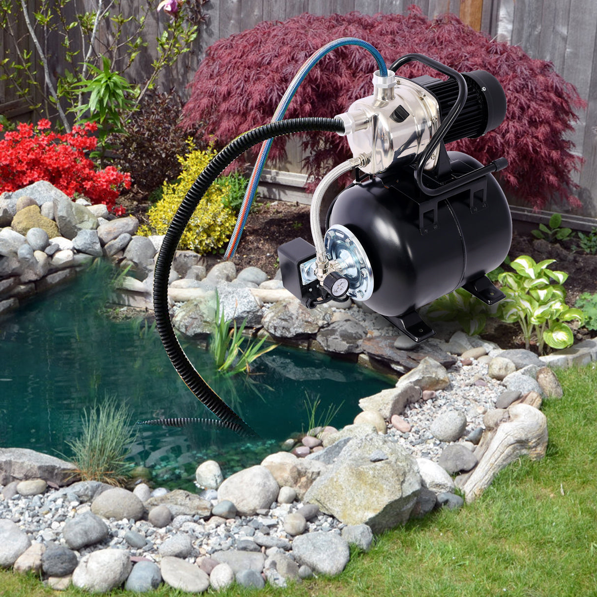 1.6HP Shallow Well Pump with Pressure Tank Garden Water Pump Irrigation Pump Automatic for Home Lawn Farm Stainless Steel Head