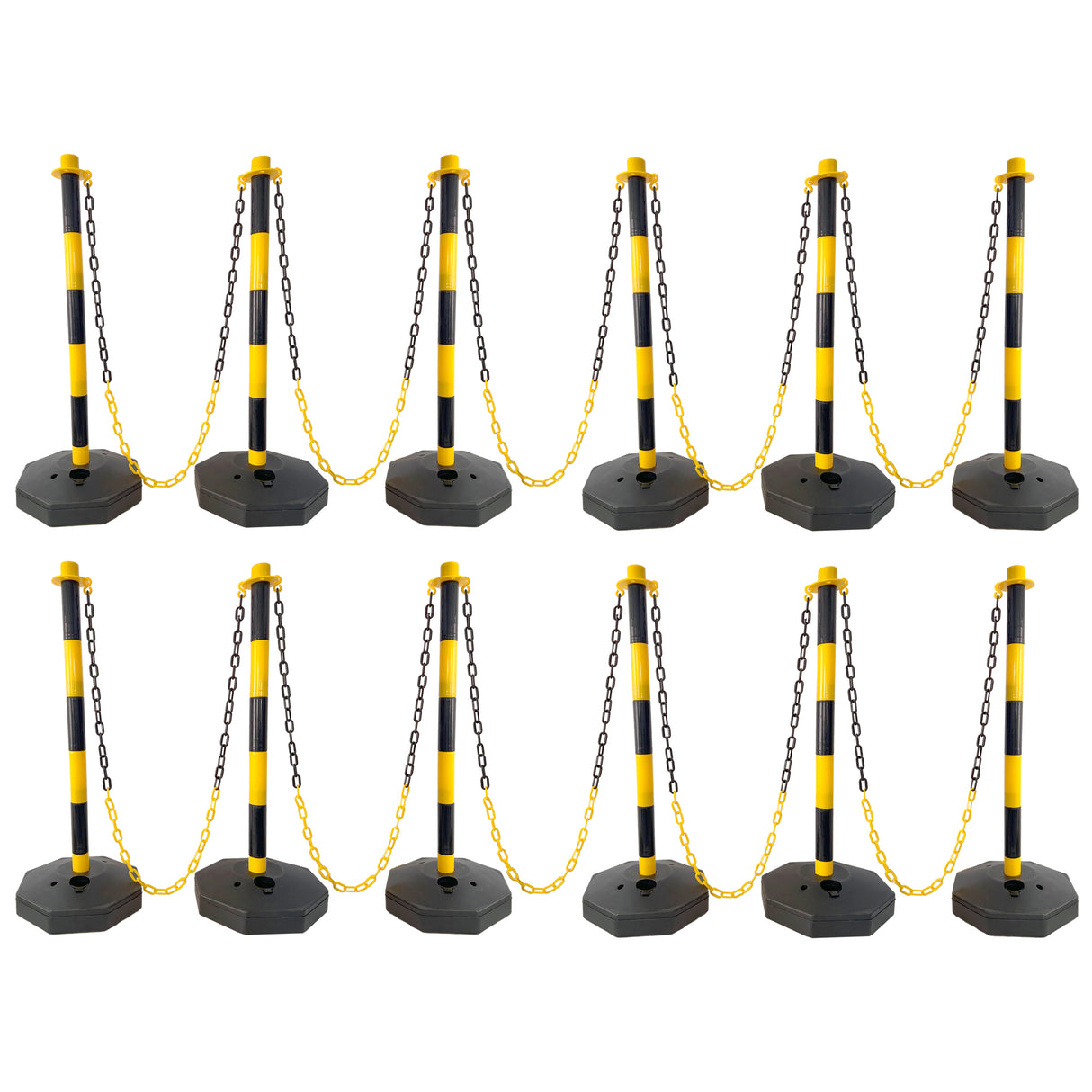 12 Pack Traffic Delineator Post Cones with Fillable Base Adjustable Safety Barrier with 5Ft Plastic Chain Outdoor and Indoor Crowd Control Stanchion for Control and Warning--Yellow+Black