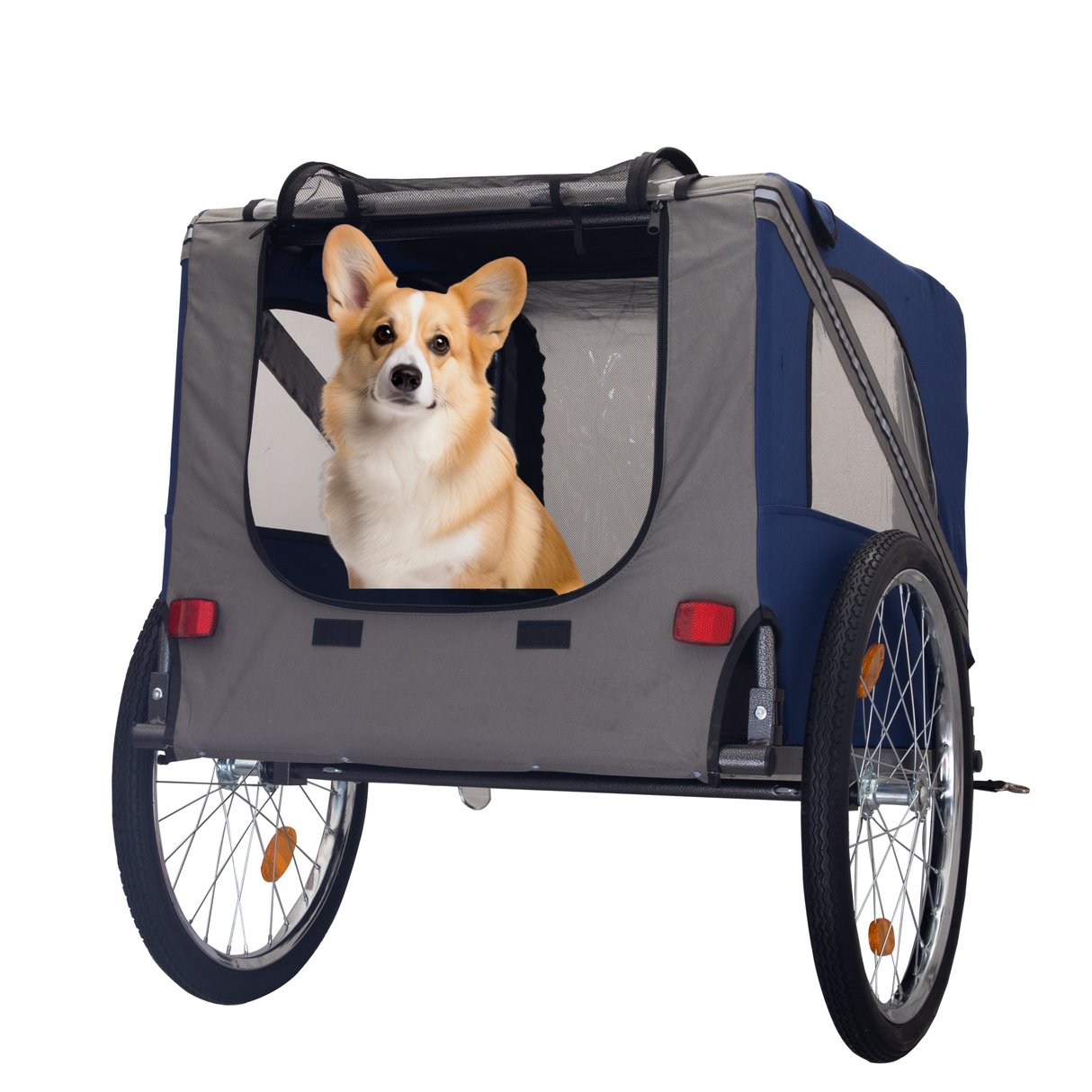 Dog Bike Trailer Breathable Mesh Dog Cart with 3 Entrances Safety Flag 8 Reflectors Folding Pet Carrier Wagon with 20 Inch Wheels Bicycle Carrier for Medium and Small Sized Dogs Blue Gray