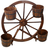 Wood Wagon Wheel Barrel Planter Display--Brown