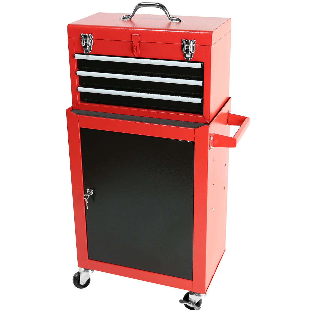 Coffre à outils roulant à 3 tiroirs avec roulettes, grande armoire de rangement et étagère réglable, coffre supérieur portable amovible avec système de verrouillage pour garage et entrepôt