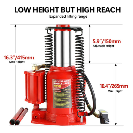 32-Tonnen-hydraulischer, luftbetriebener Flaschenheber-Hebebühne, tragbar, niedriges Profil, manuell, luftbetrieben, mit Griff