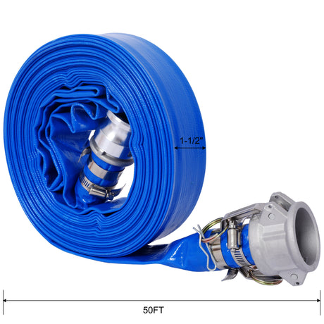 1.5" ID × 50 ft Pool Backwash Hose Heavy Duty Reinforced Blue PVC Lay Flat Water Discharge Pump Hoses For Swimming Drain Pools and Clean Filters with Aluminum Camlock C and E Fittings