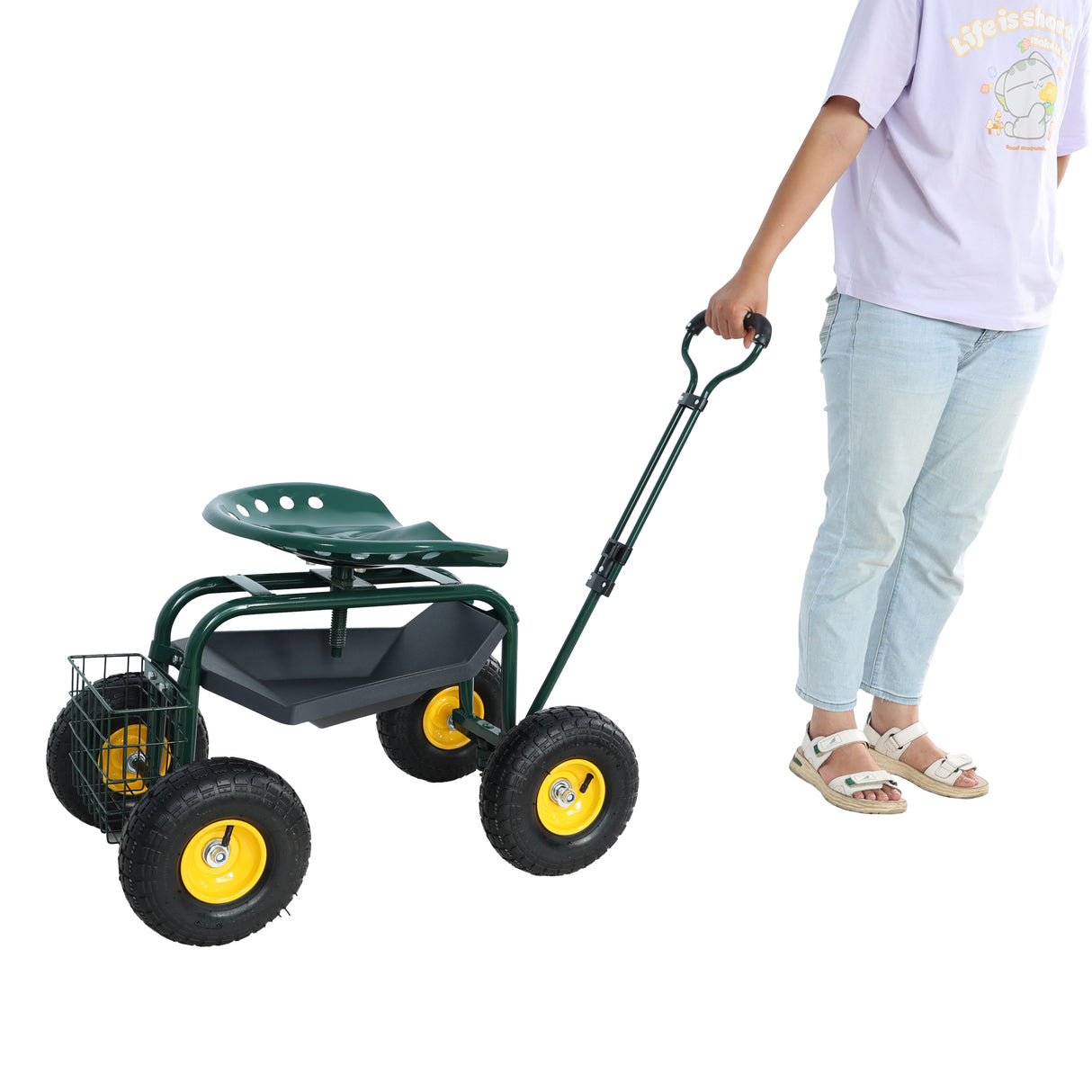 Garden Trolley Rolling Work Chair na may Wheels Stool para sa Pagtatanim ng 360 Degree Swivel Seat Station Wagon Scooter na may Steering Handle at Utility Tray para sa Yard at Outdoors Green