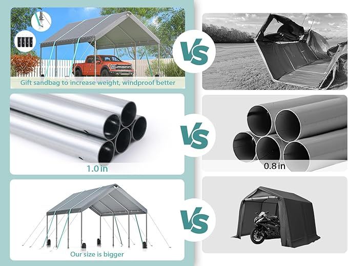 Sannwsg 10 * 20 Heavy Duty Carport Canopy Extra Large Portable Car Tent Garage na may Adjustable Peak Taas mula 9.5ft hanggang 11ft Naaalis na Roof at Side Walls para sa Car SUV Boat--Gray