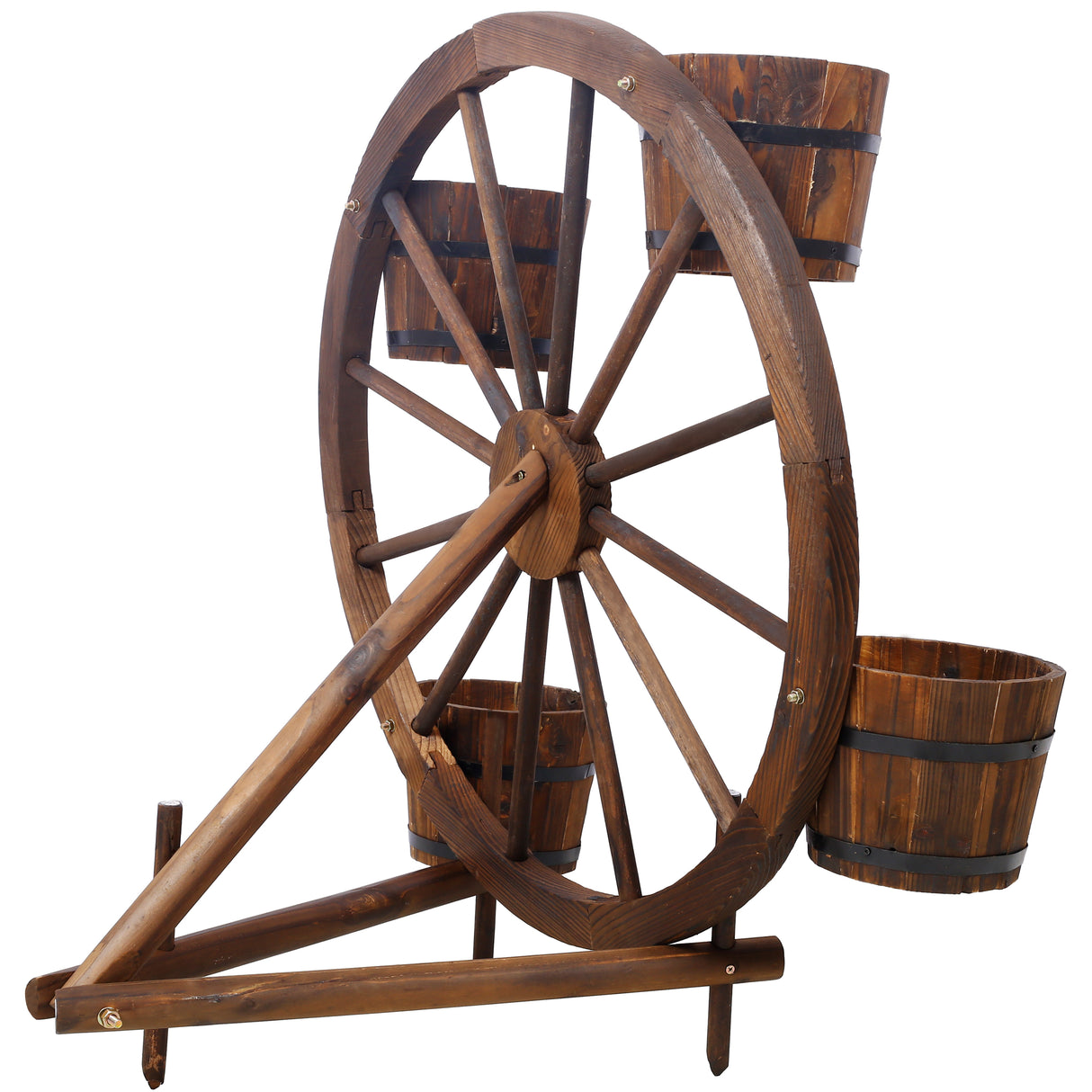 Wood Wagon Wheel Barrel Planter Display--Brown