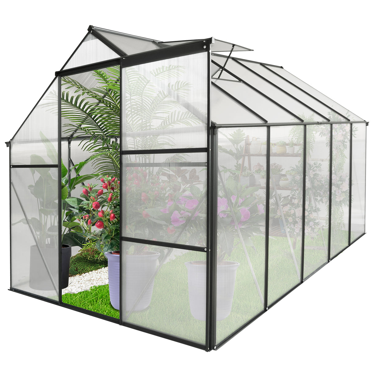 6 x 10 Fuß großes Polycarbonat-Gewächshaus mit erhöhtem Sockel und Anker, robustes begehbares Aluminium für den Garten im Freien, ganzjährig in Schwarz erhältlich