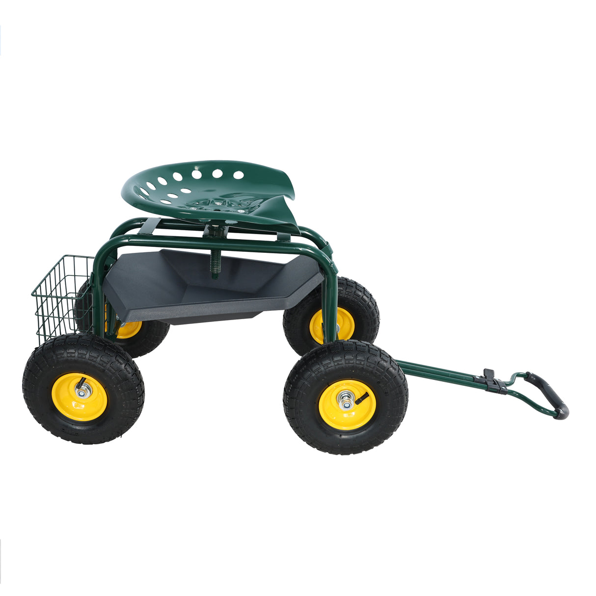 Garden Trolley Rolling Work Chair with Wheels Stool for Planting 360 Degree Swivel Seat Station Wagon Scooter with Steering Handle and Utility Tray for Yard and Outdoors Green