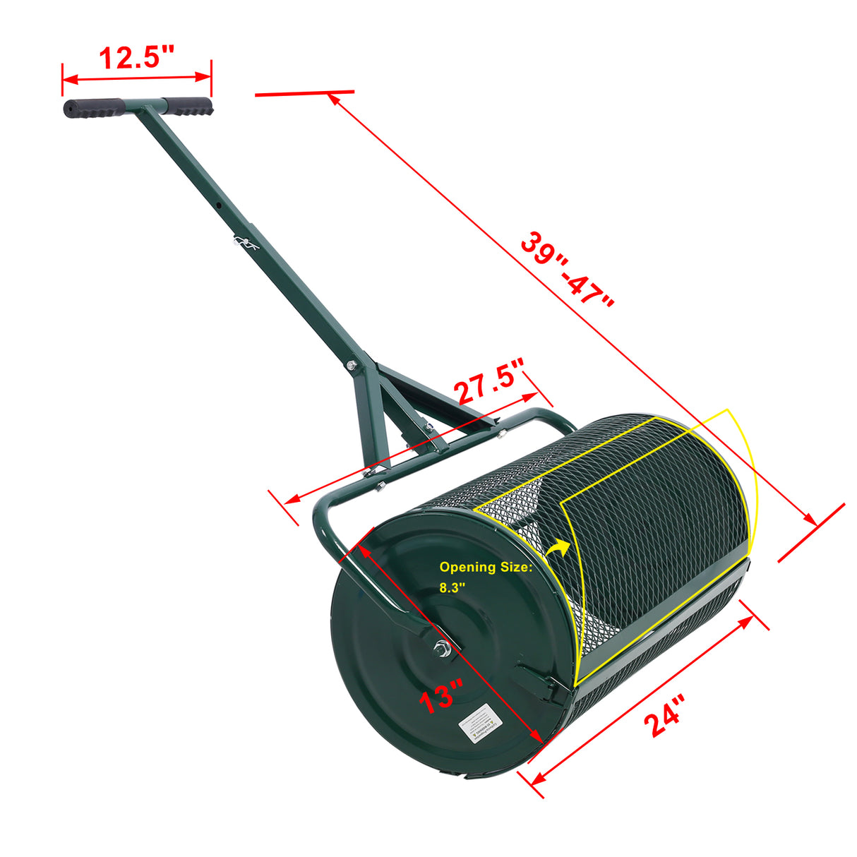 24inch Peat Moss Compost Spreader Metal Mesh T Shaped Handle para sa Pagtatanim ng Seeding Lawn at Pangangalaga sa Hardin Dumi Roller Steel Green