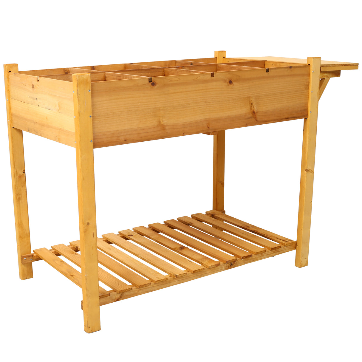 Support de jardinière en bois surélevé à 8 poches avec table d'appoint pliable et étagère de rangement pour herbes/légumes/fleurs - Marron