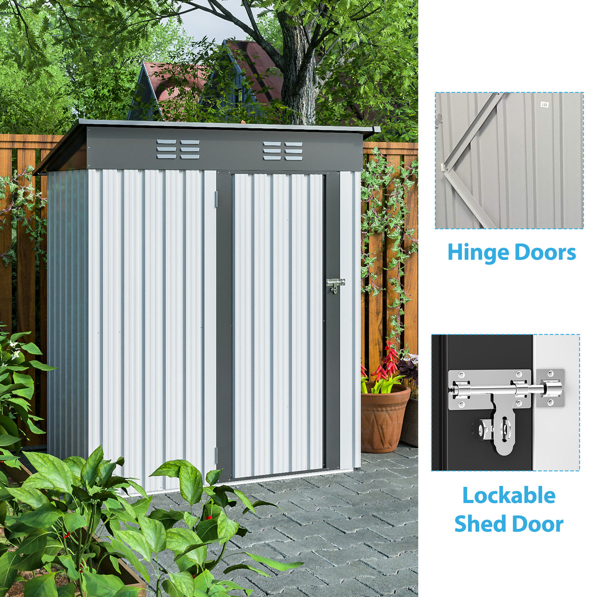 5 X 3 Ft Outdoor Storage Shed Galvanized Metal Garden na may Lockable Doors Tool Para sa Patio Lawn Backyard Trash Cans White