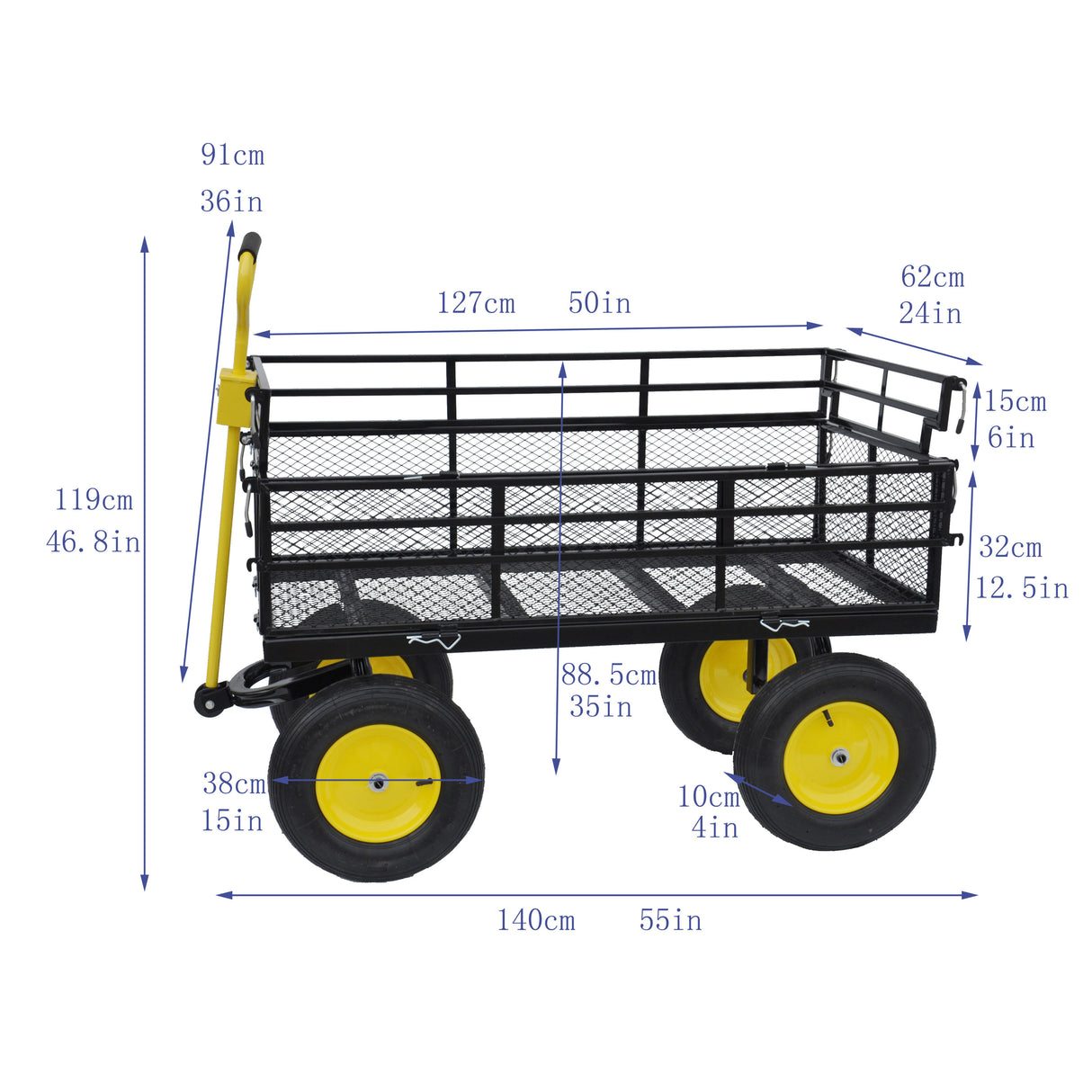 Großer Wagenwagen, Gartenwagen, Transport von Brennholz, 1100 lbs Kapazität, Stahl, Gelb, Schwarz