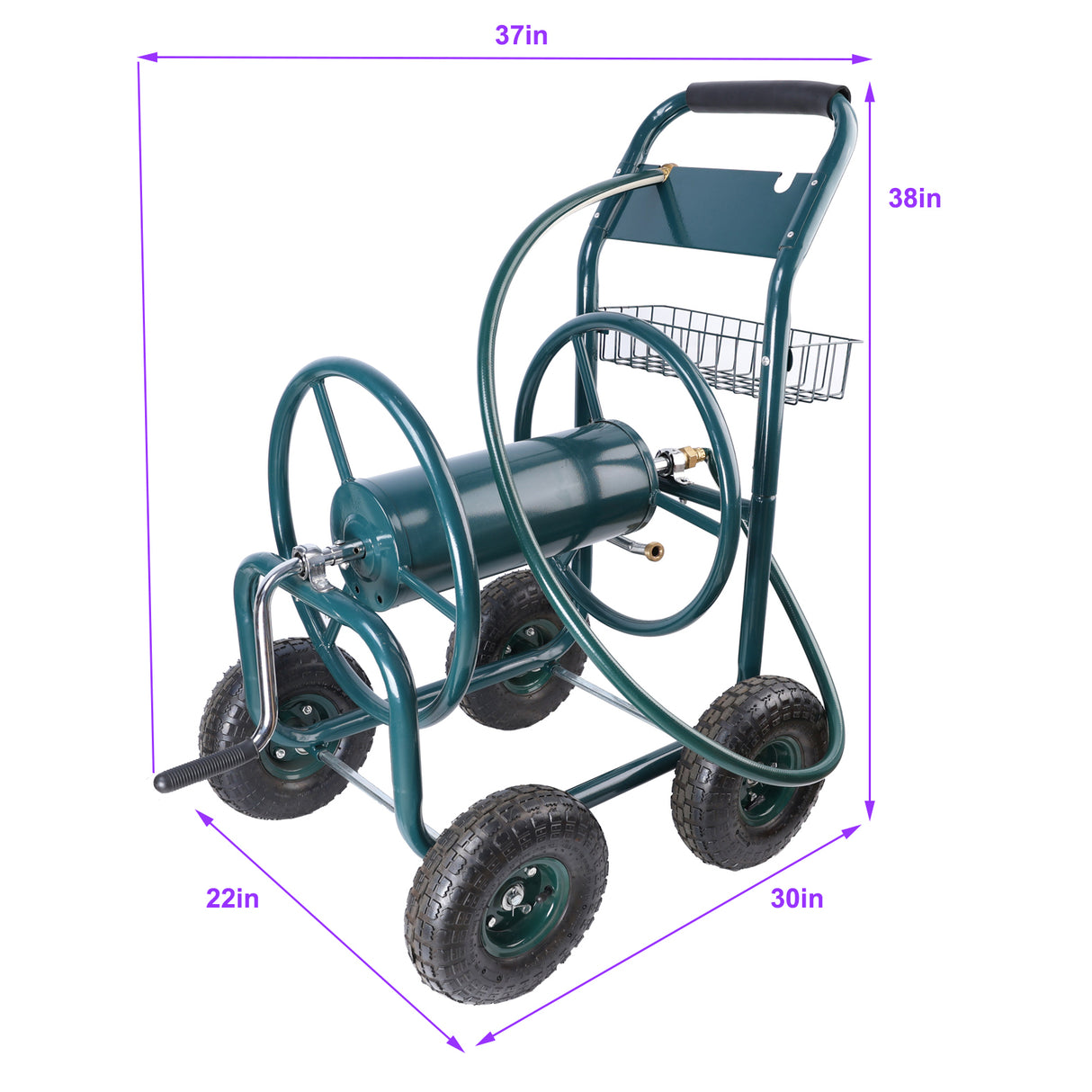 Garden Hose Reel Cart 4 Wheels Portable with Storage Basket Rust Resistant Heavy Duty Water Hose Holder Green