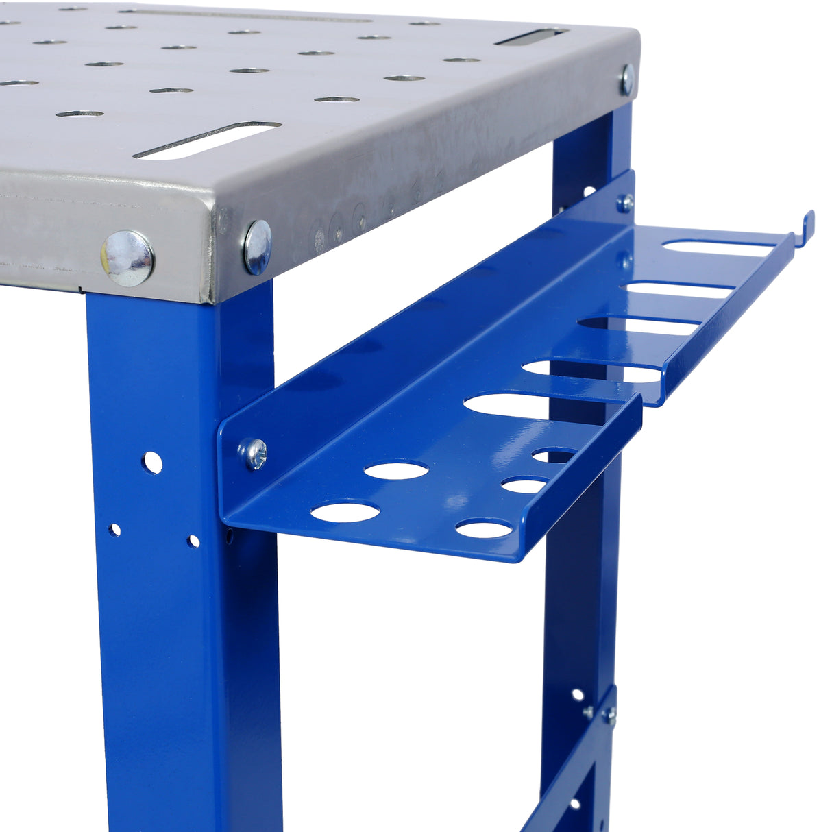 Welding Workbench Table 36"x18" 1200lbs Load Capacity Steel on Wheels Portable Work Bench with Braking Lockable Casters Tool Slots 5/8-inch Fixture Holes Tray Blue