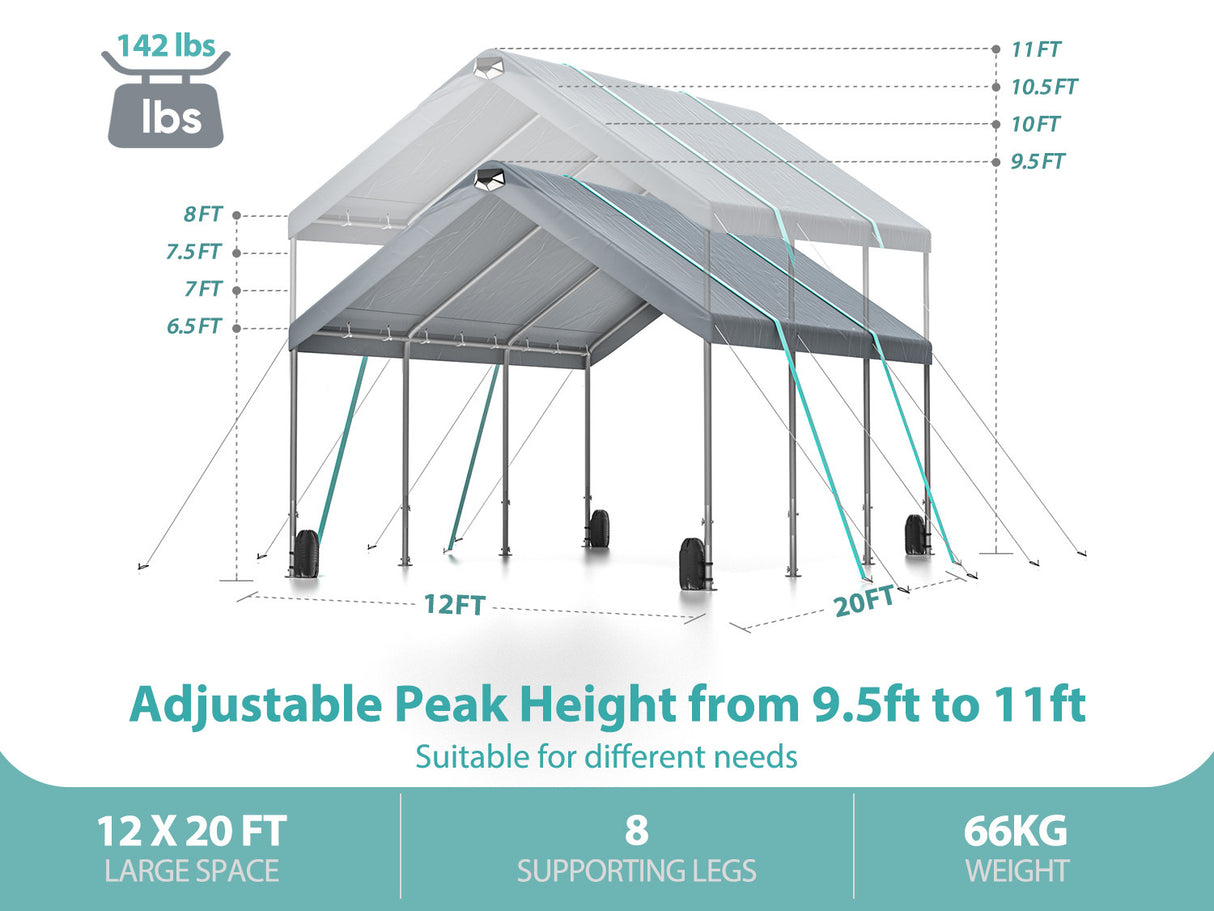 Auvent de voiture robuste 12 x 20 cm, tente de garage portable extra large avec hauteur de crête réglable de 9,5 pieds à 11 pieds, toit et parois latérales en métal pour voiture, SUV, bateaux et camions, tente de fête, abri de stockage logique - Gris