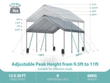 12*20 Heavy Duty Carport Canopy Extra Large Portable Car Tent Garage with Adjustable Peak Height from 9.5ft to 11ft Metal Roof &Side Walls for Car SUV Boats&Truck Party Tent Shelter Logic Storage--Gray