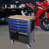 4 Drawers Multifunctional Tool Cart with Wheels and Wooden Top Blue