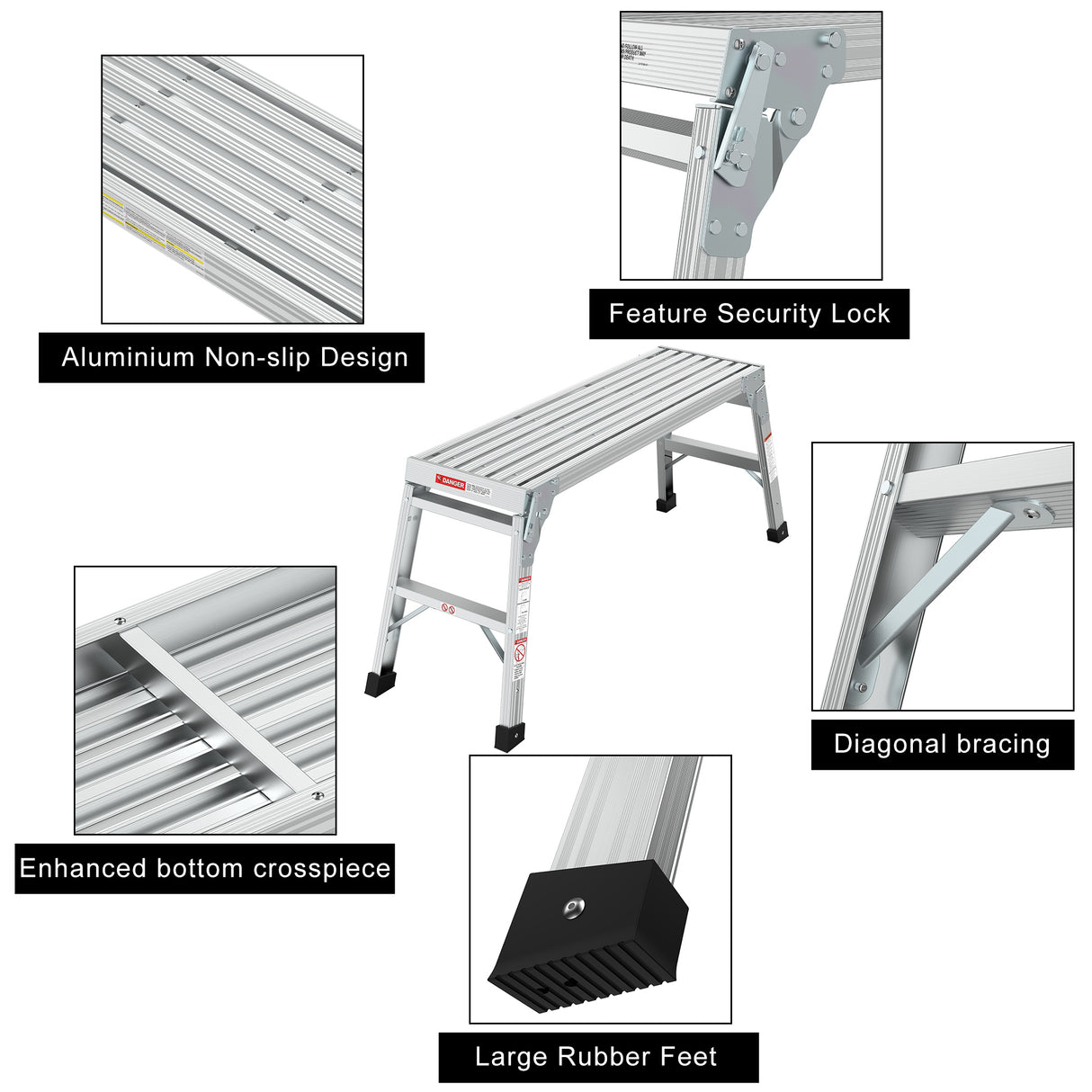 Plate-forme de travail en aluminium, banc portatif, échelle pliante, capacité ANSI 225 LBS, 40 pouces, gris