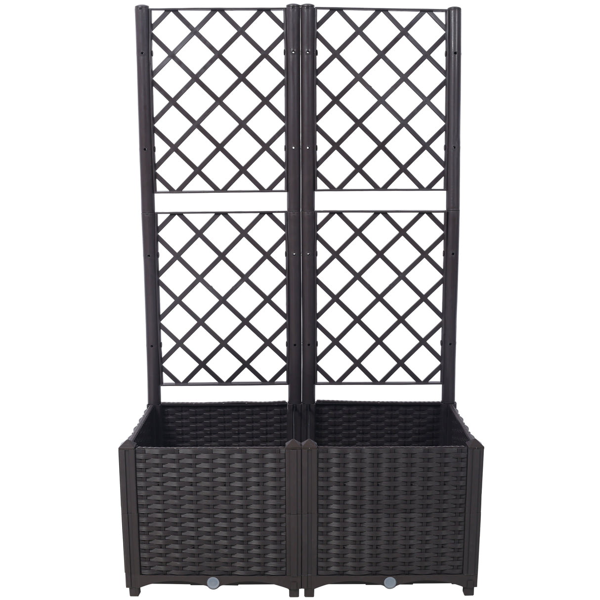 31.5" x 15.7" x 53.5" Poly Rattan Trellis Raised Bed with Drainage Plug 2 Removable Pots with Large Flower Boxes Built-in Support for Climbing Plants Outdoor Patio Garden Decoration--Brown