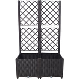 31.5" x 15.7" x 53.5" Poly Rattan Trellis Raised Bed with Drainage Plug 2 Removable Pots with Large Flower Boxes Built-in Support for Climbing Plants Outdoor Patio Garden Decoration--Brown