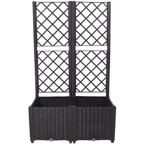 31.5" x 15.7" x 53.5" Poly Rattan Trellis Raised Bed na may Drainage Plug 2 Matatanggal na Pot na may Malaking Flower Box na Built-in na Suporta para sa Pag-akyat ng mga Halaman sa Outdoor Patio Garden Dekorasyon--Brown