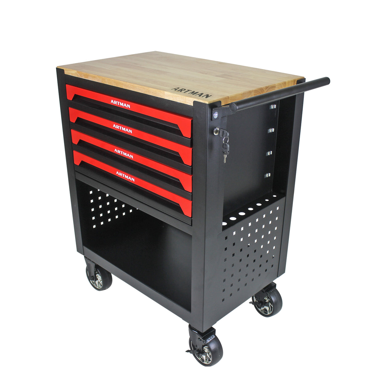 4 Drawers Multifunctional Tool Cart with Tool Set and Wooden Top Black