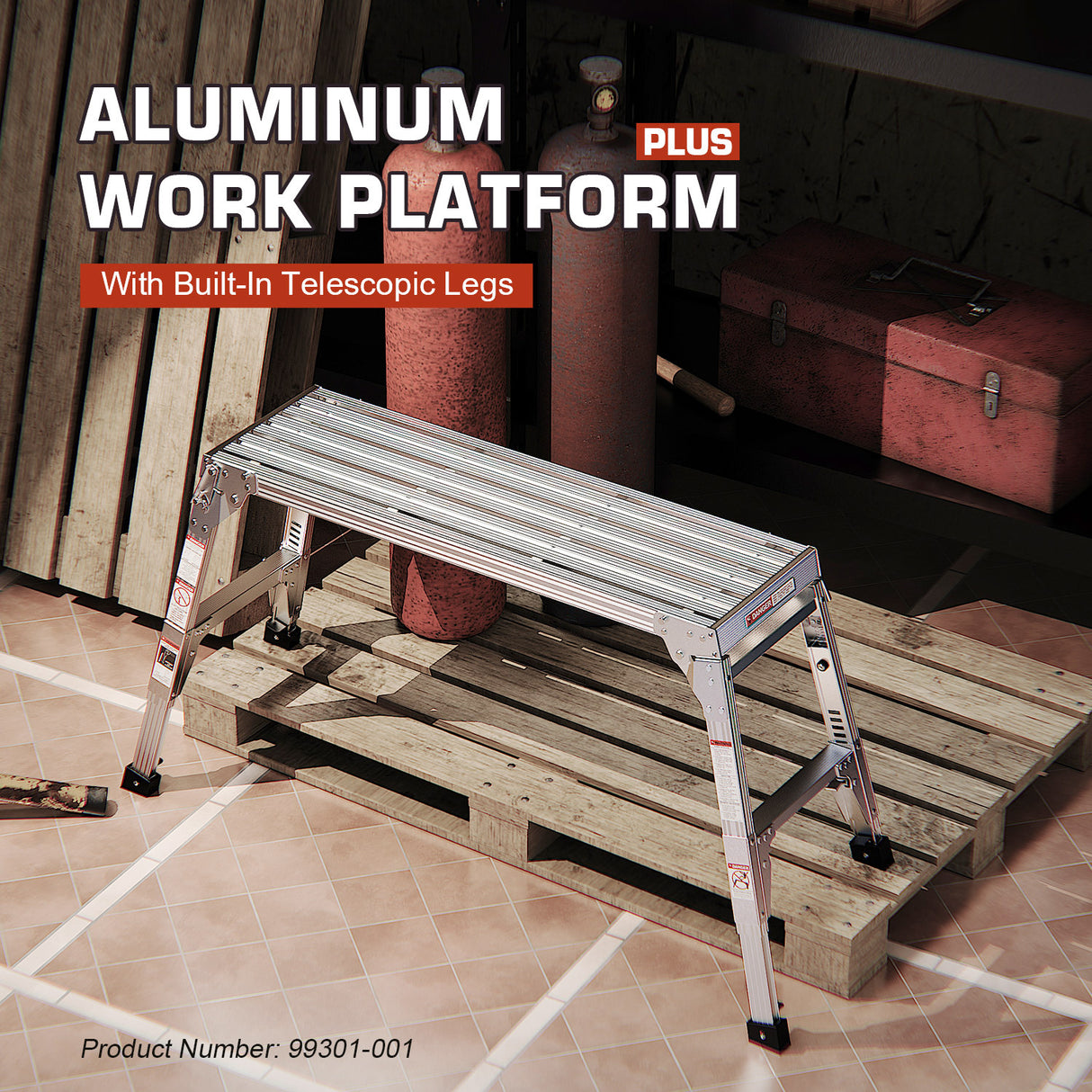 Aluminum Work Platform Large Size Step Stool Folding Portable Bench 40" Width Telescopic Feet 22" -27.5" Height Adjustable--Grey