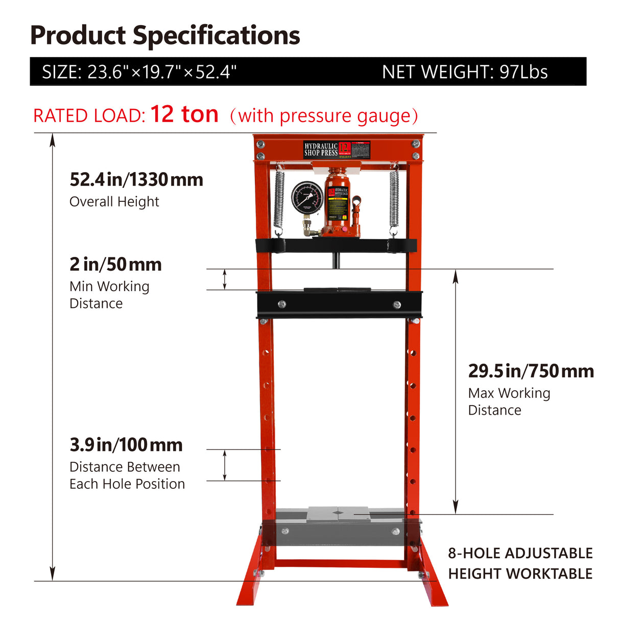 Steel H-Frame Hydraulic Garage/Shop Floor Press na may Stamping Plate Pressure Gauge 12 Ton (24,000 lb) Kapasidad na Pula