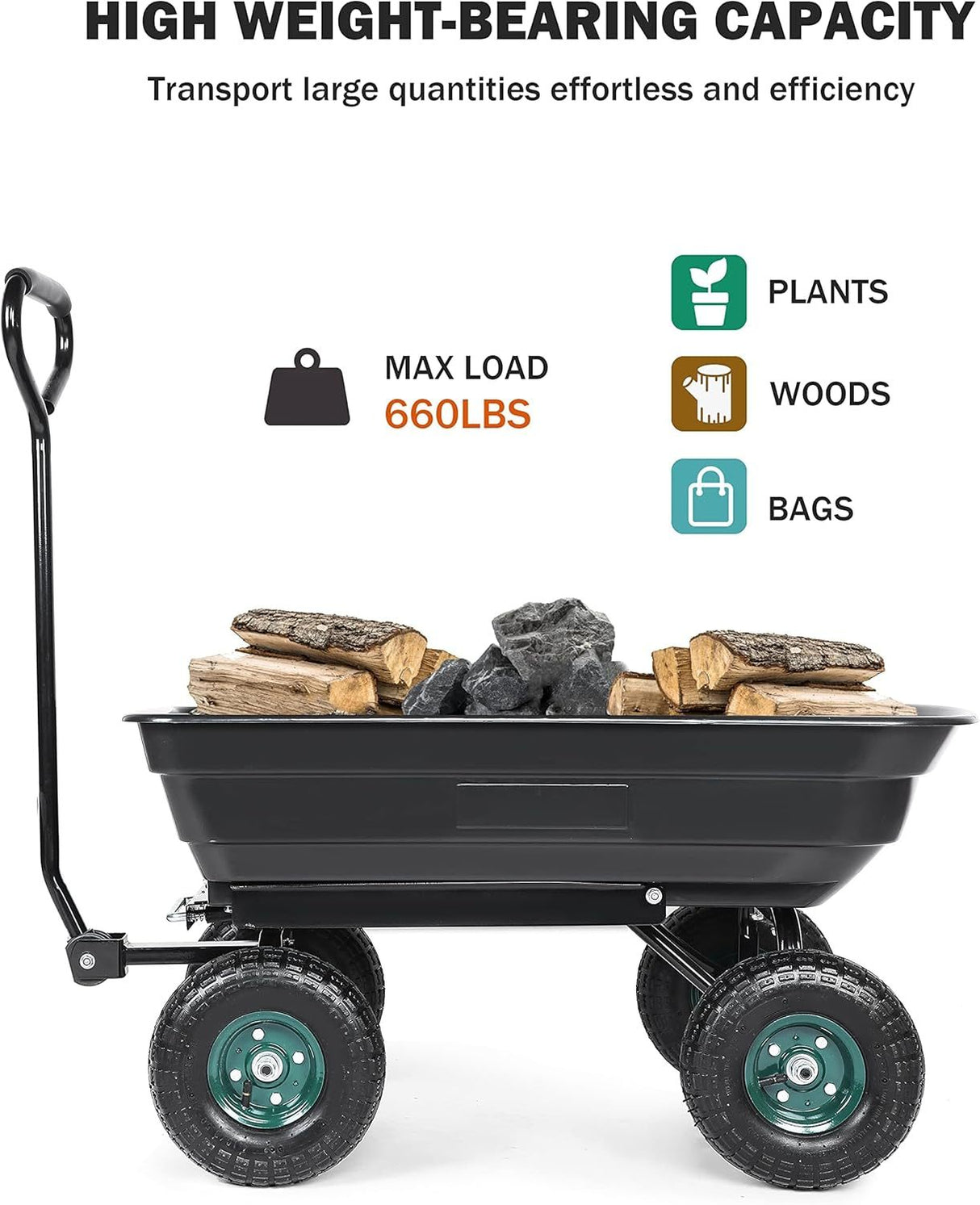 Garden Dump Cart na may Steel Frame Heavy Duty Outdoor Wagon na may 10 Inch Pneumatic Rubber Gulong 660lbs Max Capacity Black