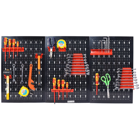 Organiseur mural en panneau perforé de 1,2 m en métal pour outils de garage avec 3 panneaux perforés, clé à foret, crochets, accessoires, rangement mural pour atelier, entrepôt, noir