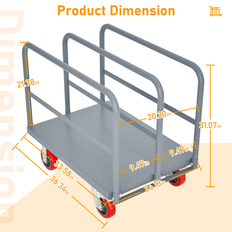 Steel Panel Truck Heavy Duty Drywall Lumber Cart Platform Flat 2000lbs 6" Swivel Brake Casters with 3 Side Handrails 36" x 24"--Grey