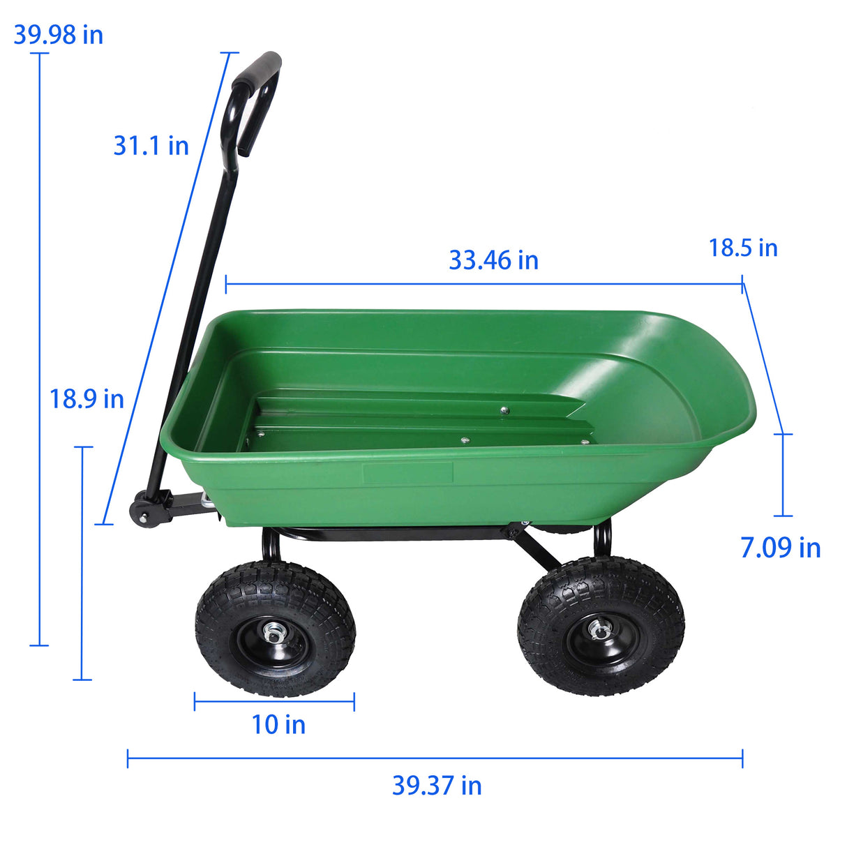 Chariot à benne basculante de jardin avec cadre en acier, chariot d'extérieur avec pneus pneumatiques de 10 pouces, capacité de 55l, vert