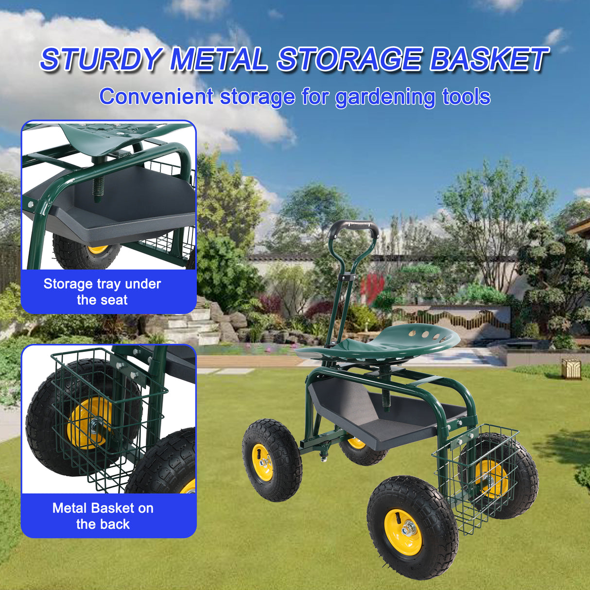 Garden Trolley Rolling Work Chair na may Wheels Stool para sa Pagtatanim ng 360 Degree Swivel Seat Station Wagon Scooter na may Steering Handle at Utility Tray para sa Yard at Outdoors Green