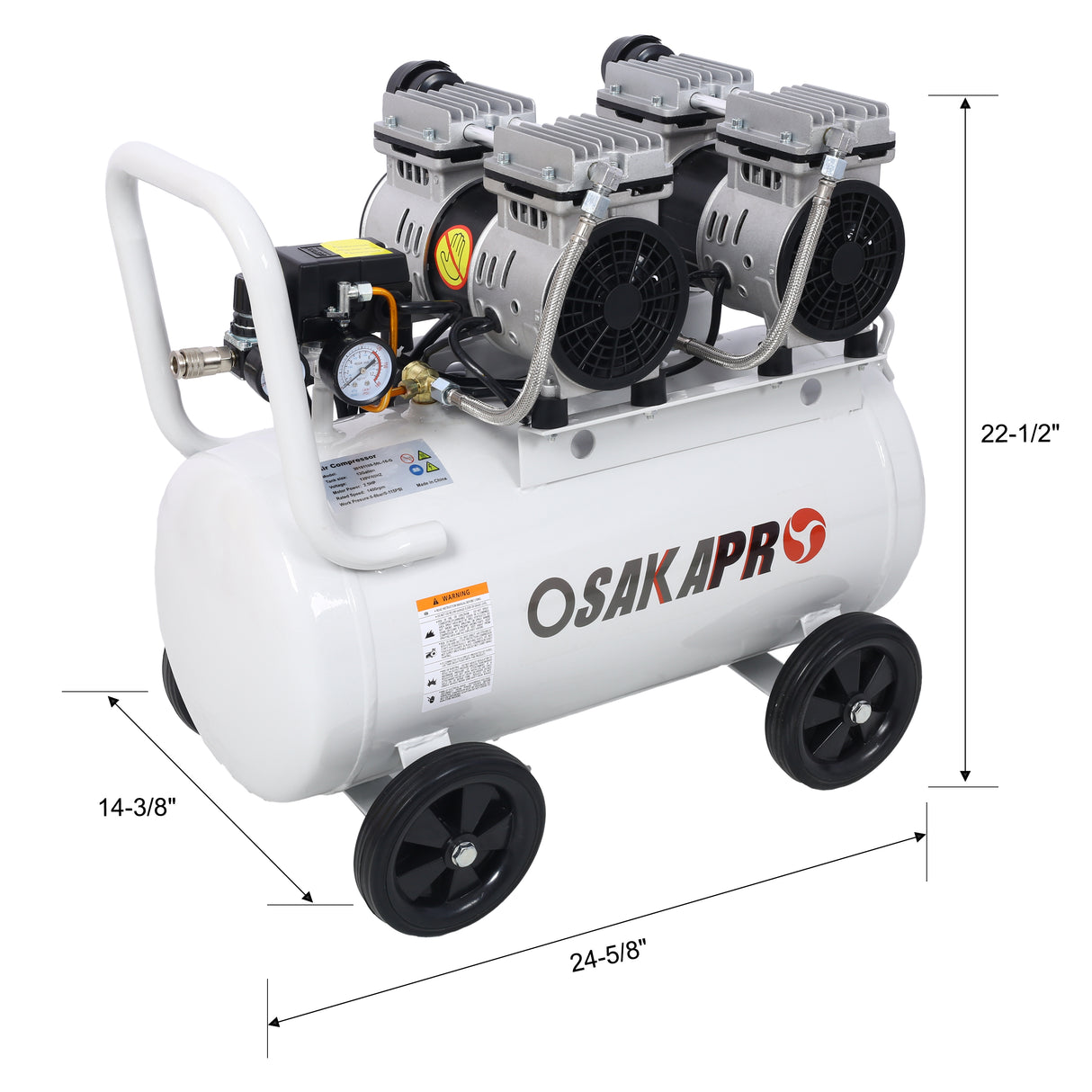 2,5 HK Silent Air Compressor 13 gallon oljefri elektrisk butikk Bærbar lettvekt med hjul 70 DBA støynivå med automatisk dreneringsventil lysegrå