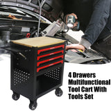 4 Drawers Multifunctional Tool Cart with Tool Set and Wooden Top Black