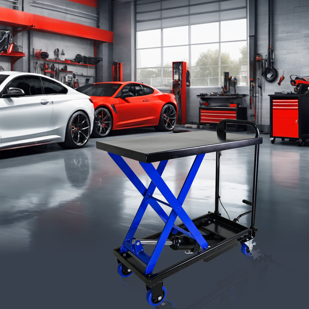 Hydraulic Lift Trolley 500 LBS Capacity with 4 Wheels for Material Handling and Transportation--Black+Blue